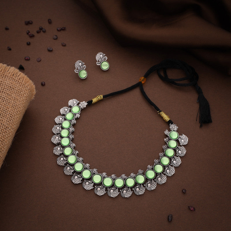 Tehzeeb Creations Silver Plated See Green Colour Stone Jewellery Choker Necklace Set With Matching Pair of Stud Earrings - Distacart