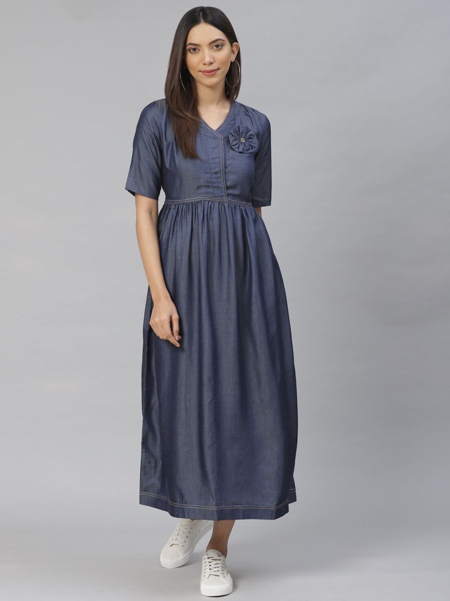 AURELIA Women Navy Blue Solid Chambray Maxi Dress - Distacart