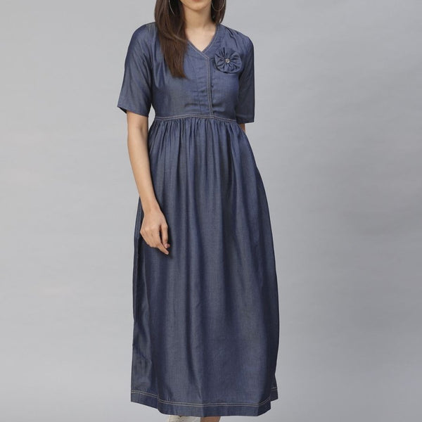 AURELIA Women Navy Blue Solid Chambray Maxi Dress - Distacart