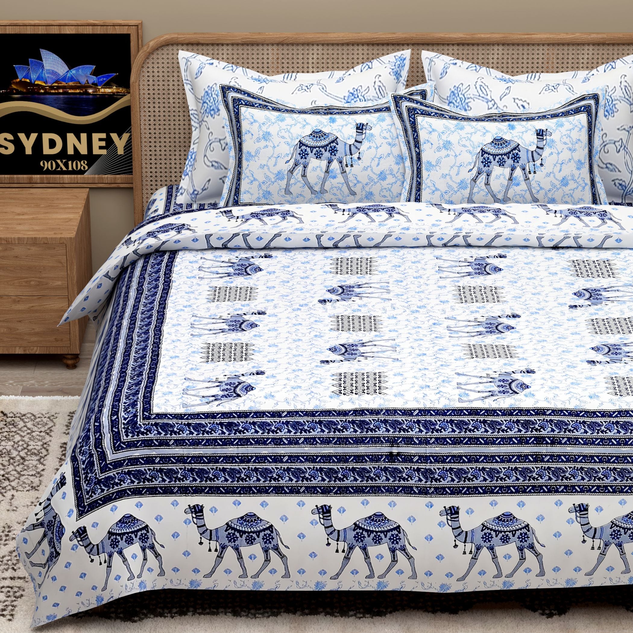 Blue Ethnic Motifs Cotton 200TC King Bedsheet With 2 Zipper Pillow Covers - King Size by House of Ree - Distacart