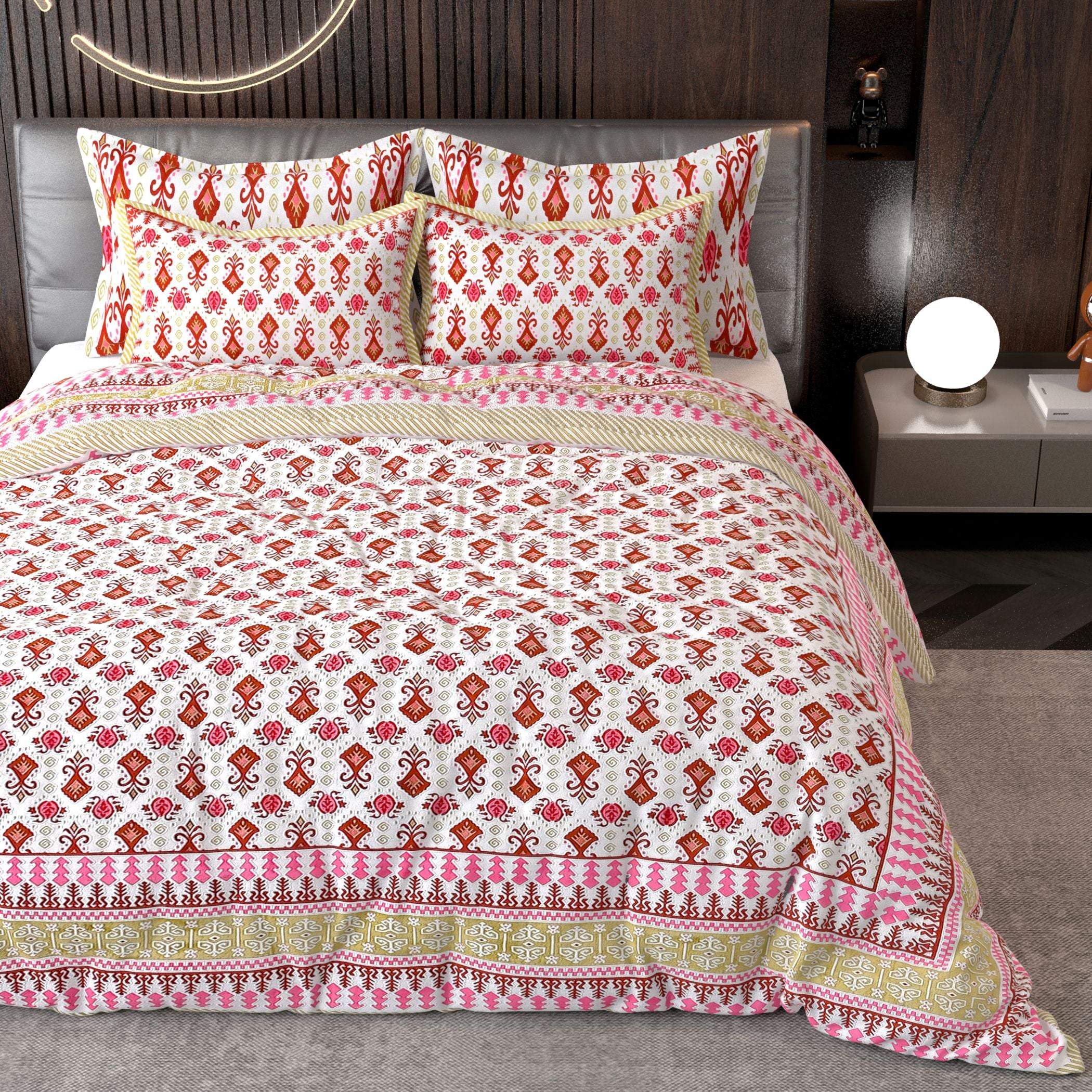 Pink White Ethnic Motifs Cotton 220 TC King Bedsheet With 2 Zipper Pillow Covers - King Size by House of Ree - Distacart