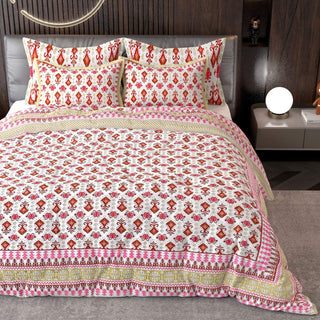 Pink White Ethnic Motifs Cotton 220 TC King Bedsheet With 2 Zipper Pillow Covers - King Size by House of Ree - Distacart