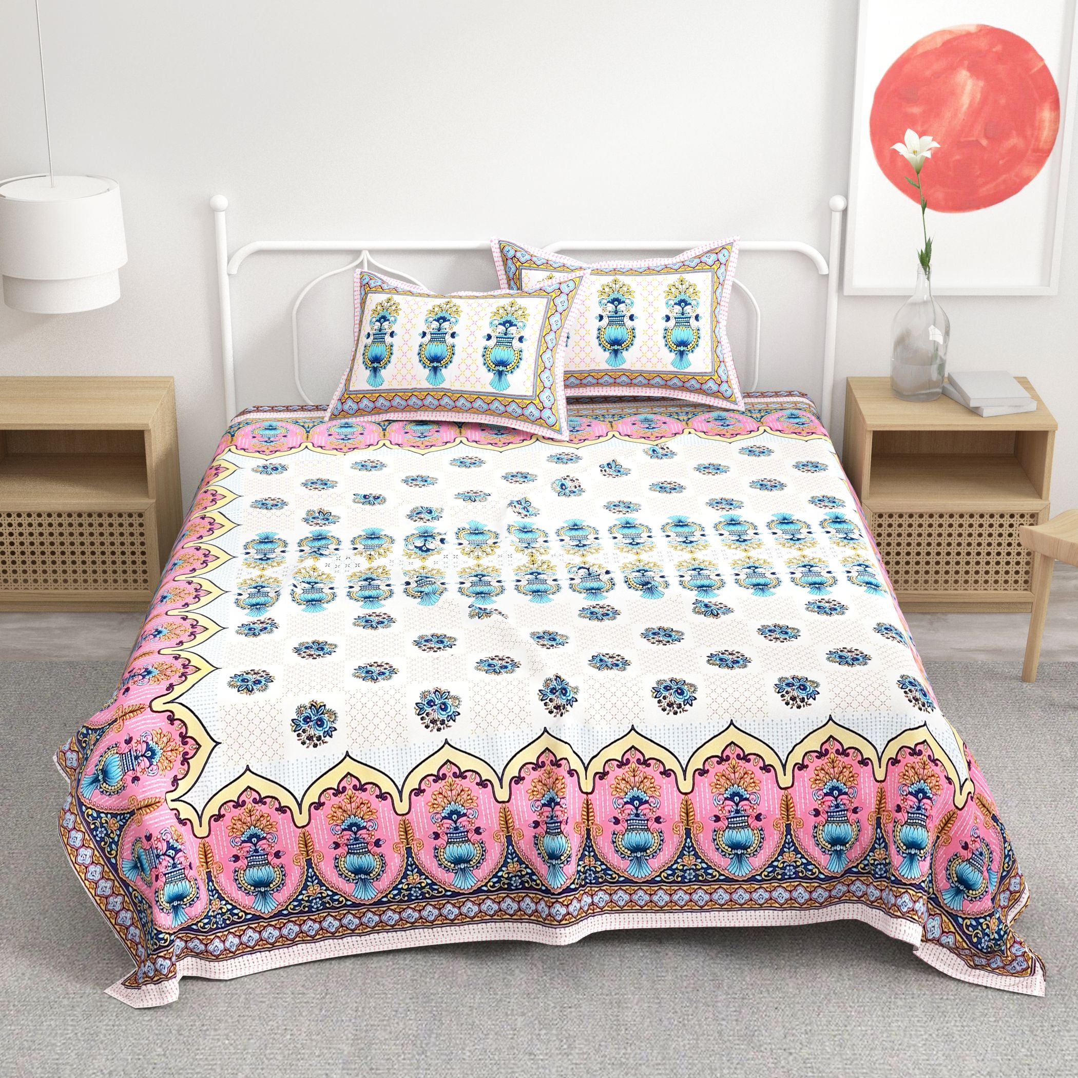 Pink Blue Floral Design Cotton 300TC Super King Bedsheet With 2 Zipper Pillow Covers - King Size by House of Ree - Distacart