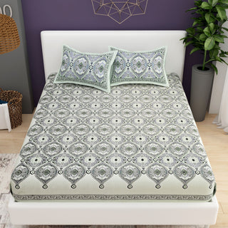 Brown White Ethnic Motifs Cotton 200TC King Bedsheet With 2 Zipper Pillow Covers - King Size by House of Ree - Distacart