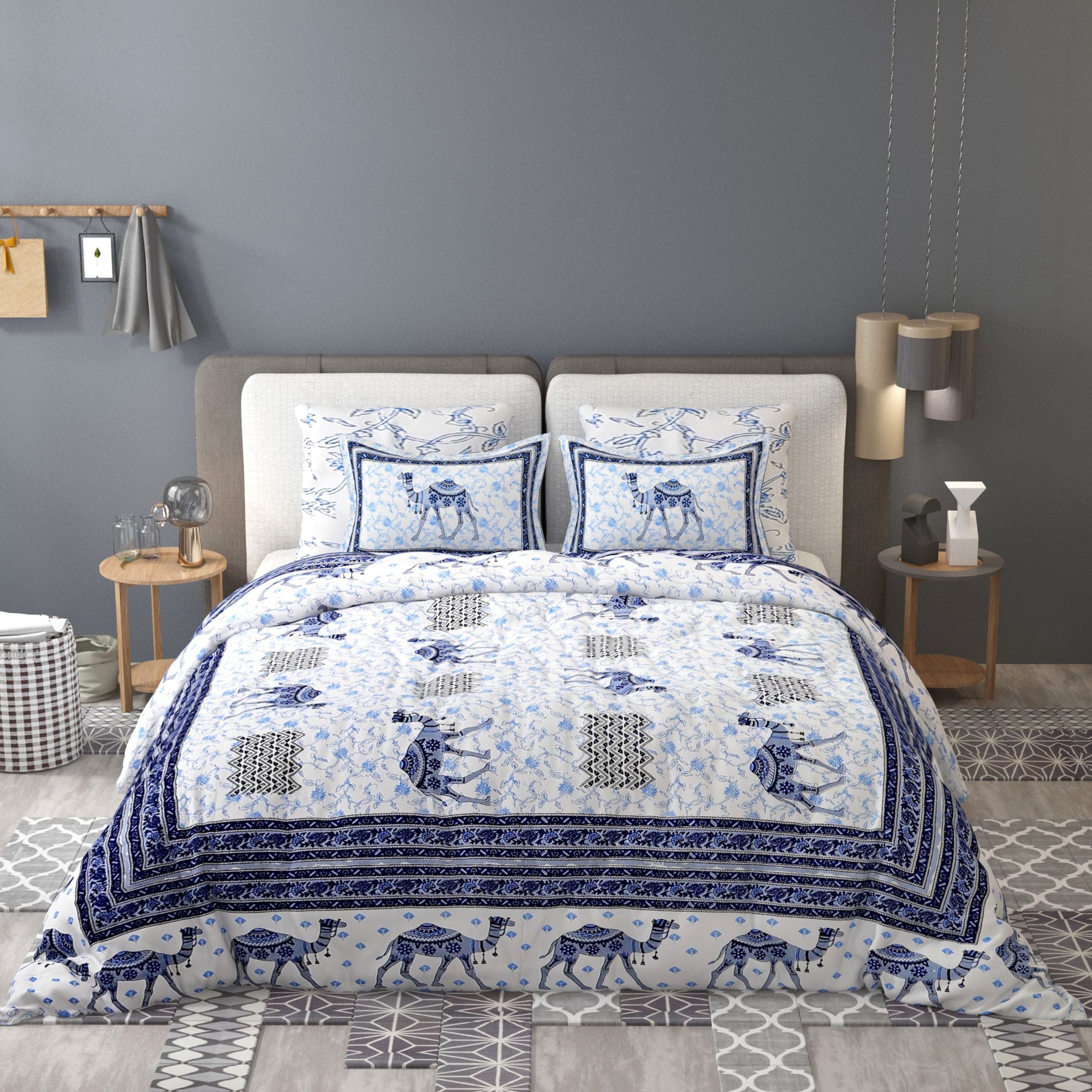 Blue Ethnic Motifs Cotton 200TC King Bedsheet With 2 Zipper Pillow Covers - King Size by House of Ree - Distacart