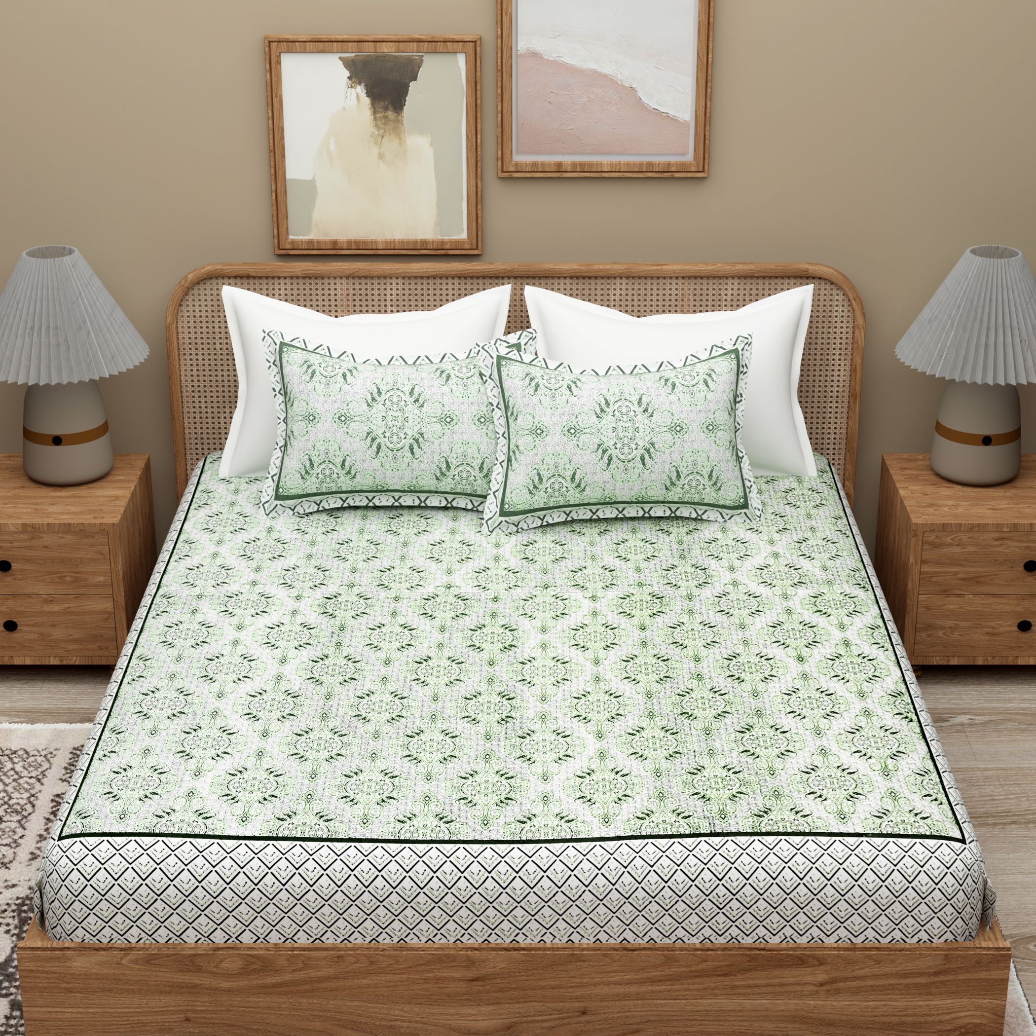 Green Ethnic Motifs Cotton Bedsheet With 2 Zipper Pillow Covers - Super King Size by House of Ree - Distacart