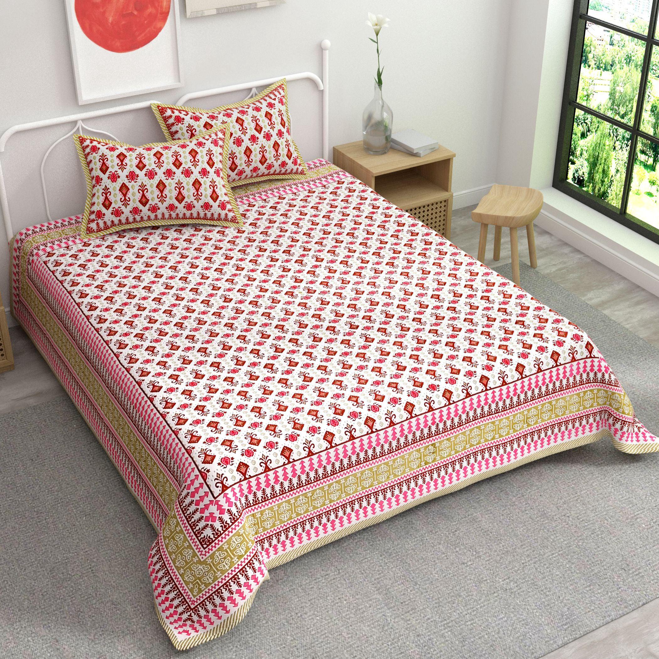 Pink White Ethnic Motifs Cotton 220 TC King Bedsheet With 2 Zipper Pillow Covers - King Size by House of Ree - Distacart
