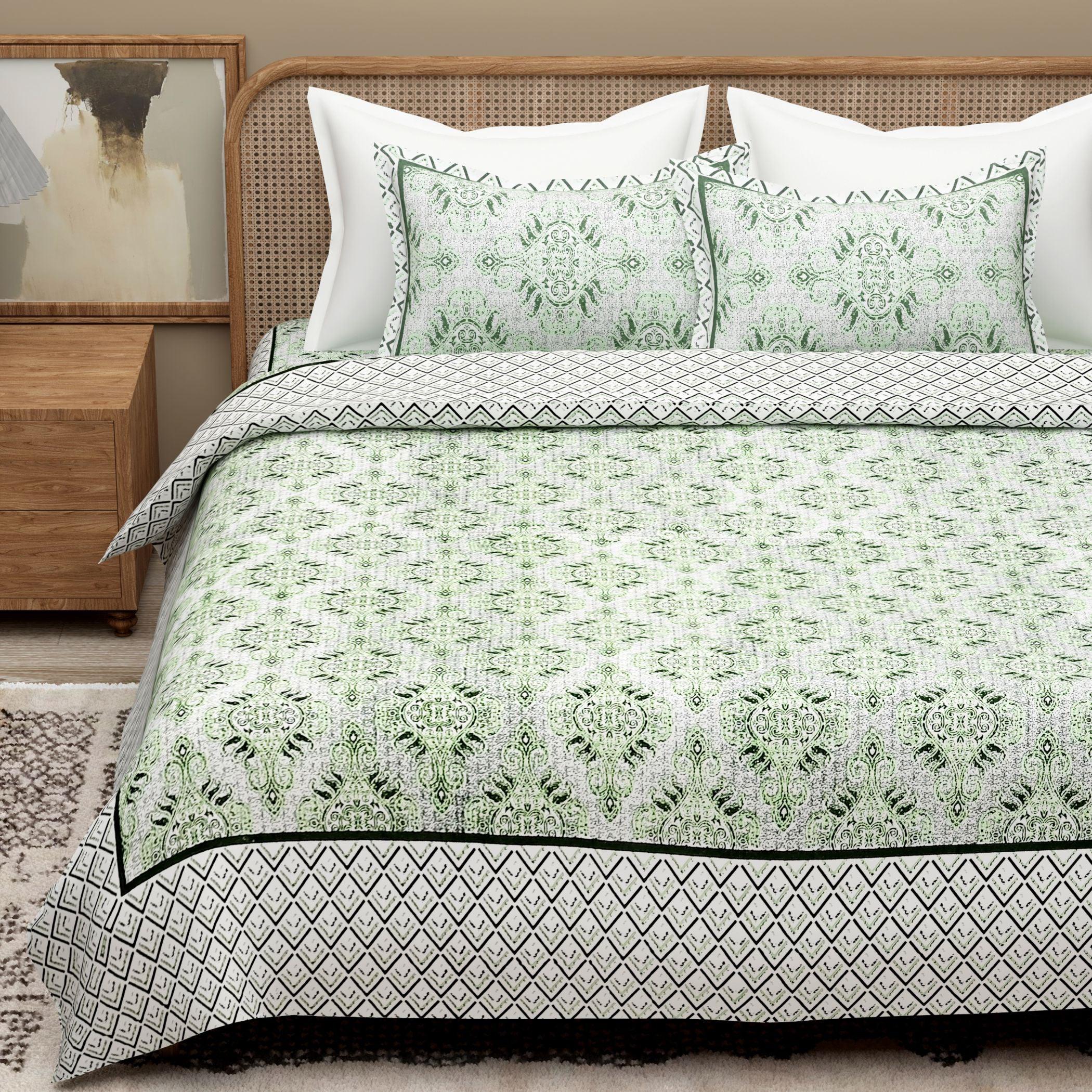 Green Ethnic Motifs Cotton Bedsheet With 2 Zipper Pillow Covers - Super King Size by House of Ree - Distacart