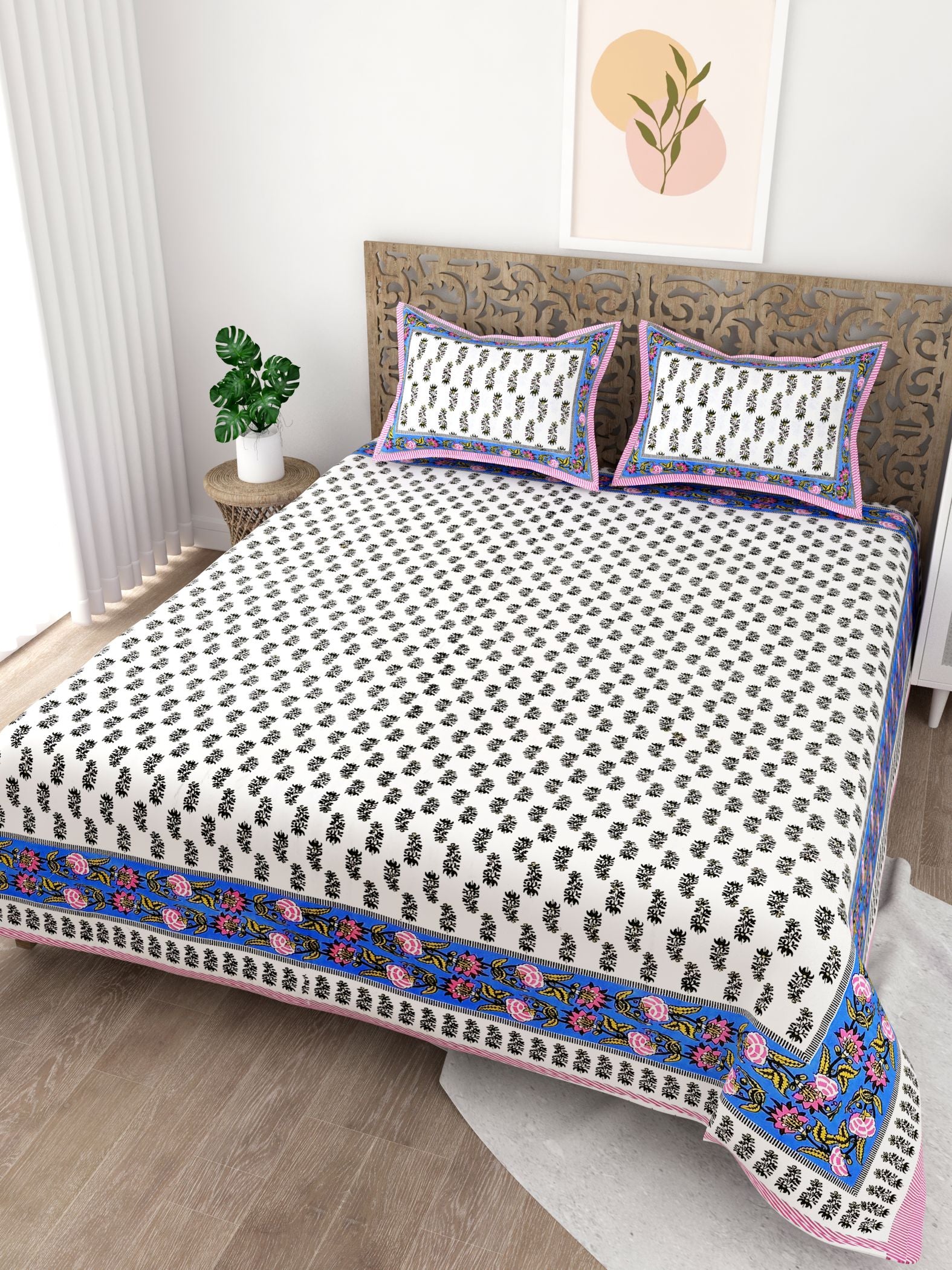 Blue Pink Leaf Design Cotton 200TC King Bedsheet With 2 Zipper Pillow Covers - King Size by House of Ree - Distacart