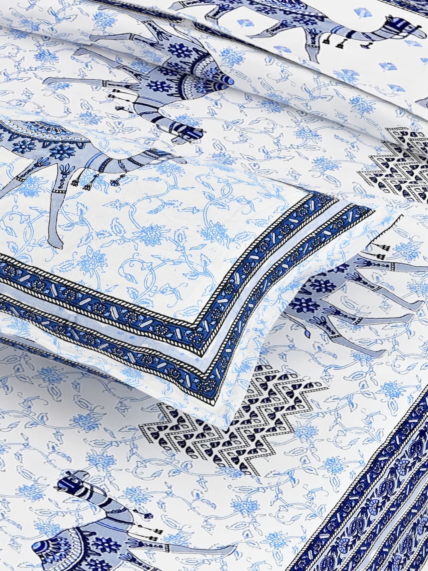 Blue Ethnic Motifs Cotton 200TC King Bedsheet With 2 Zipper Pillow Covers - King Size by House of Ree - Distacart