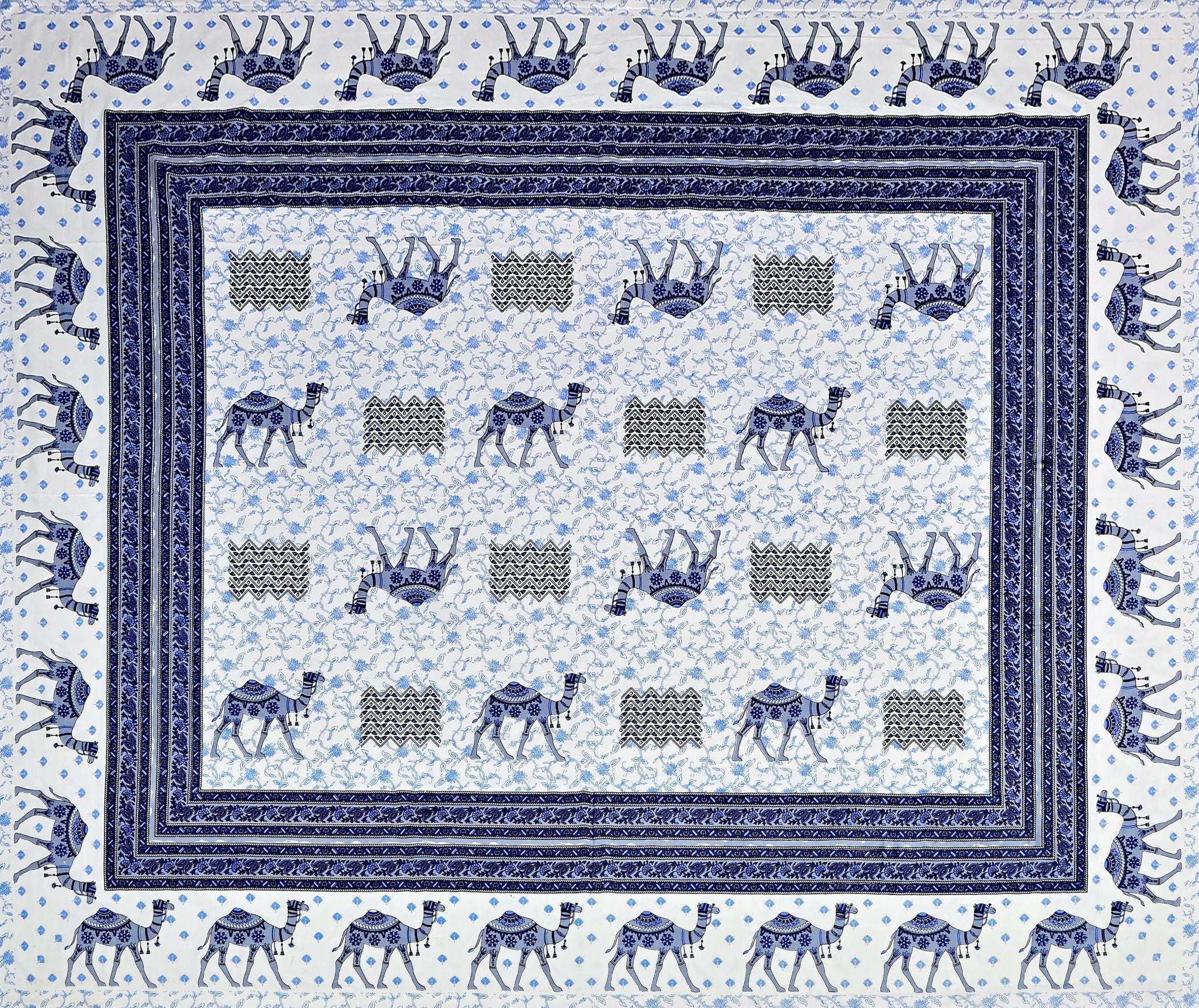 Blue Ethnic Motifs Cotton 200TC King Bedsheet With 2 Zipper Pillow Covers - King Size by House of Ree - Distacart