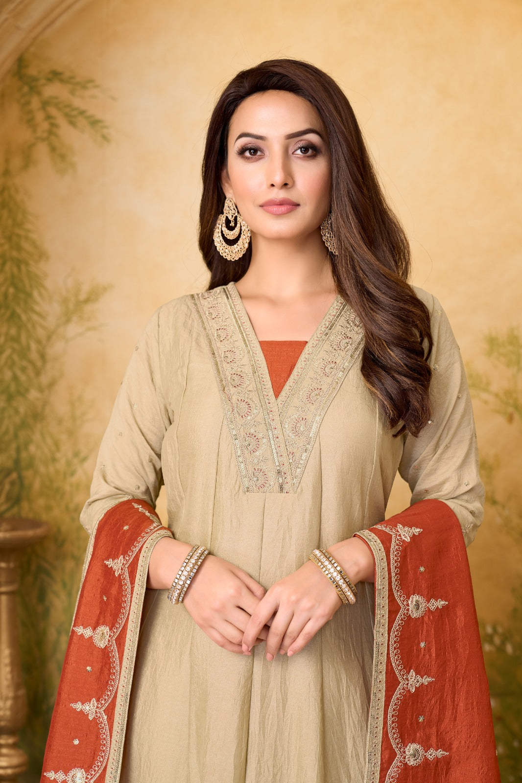 Anaita Cream Rust Anarkali Readymade Suit with Embroidery Work - Dista