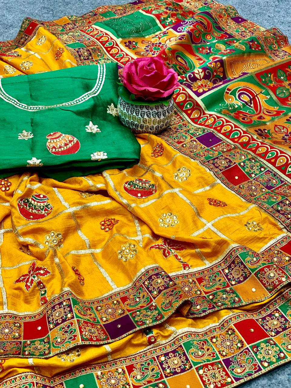 Lorenvalley Fashion Premium Yellow Dola Silk Embroidery and Diamond work with Jacquard Lace Border Saree - Distacart