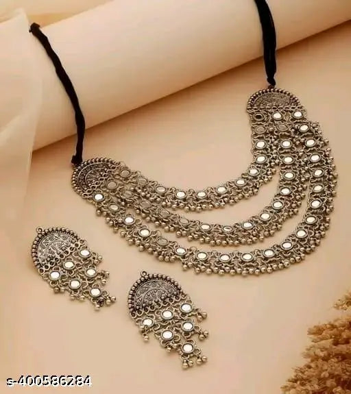 Tehzeeb Creations Women's Silver Colour Antique Necklace And Earrings With Mirror Work - Distacart