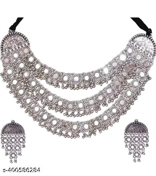 Tehzeeb Creations Women's Silver Colour Antique Necklace And Earrings With Mirror Work - Distacart