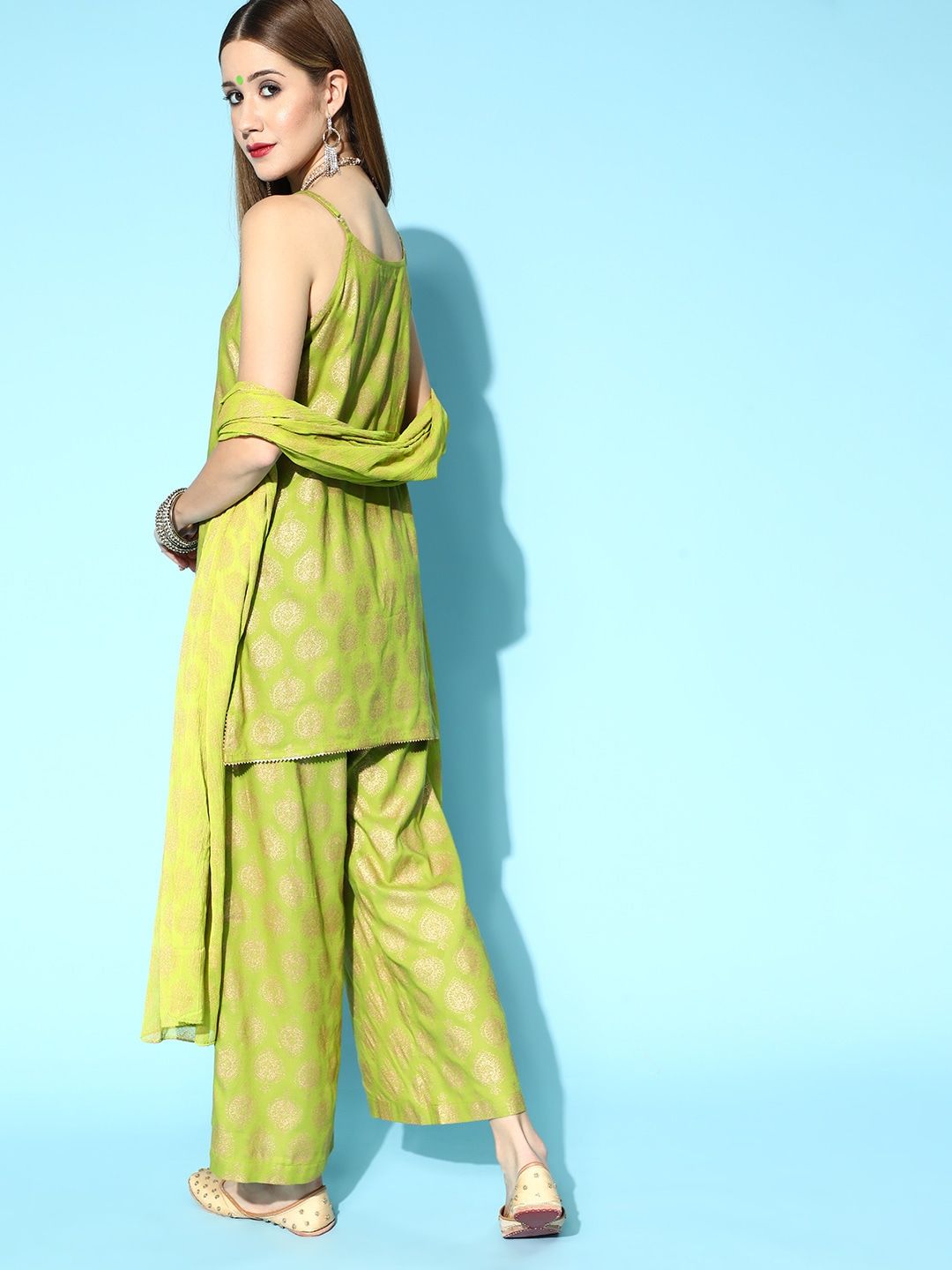 Ode by House of Pataudi Lime Green & Golden Ethnic Motif Print Kurta Set - Distacart