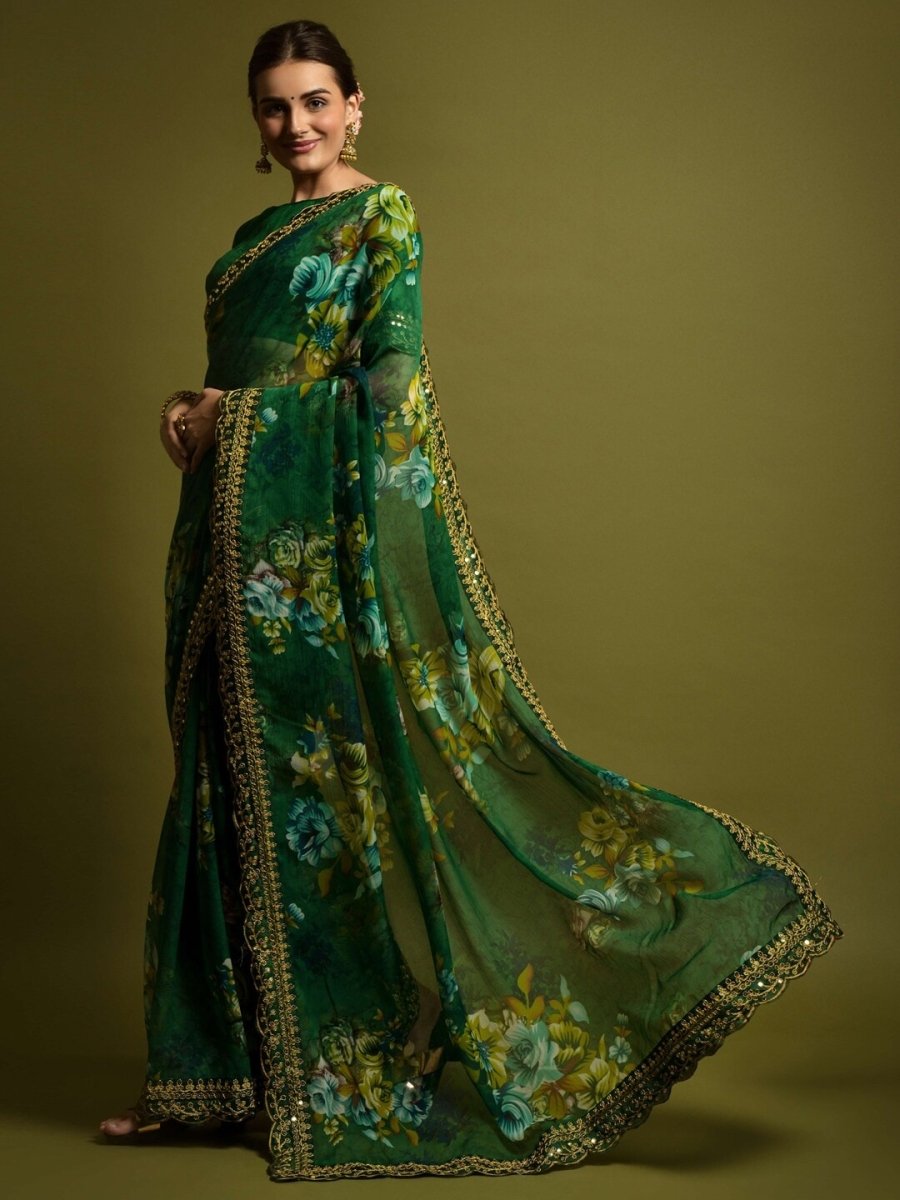 Anouk Green & Blue Floral Printed Embroidered Pure Georgette Saree - Distacart
