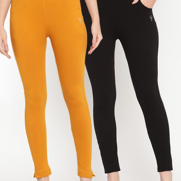 TAG 7 Women Black & Mustard Yellow Pack of 2 Straight Fit Ankle-Length Leggings - Distacart