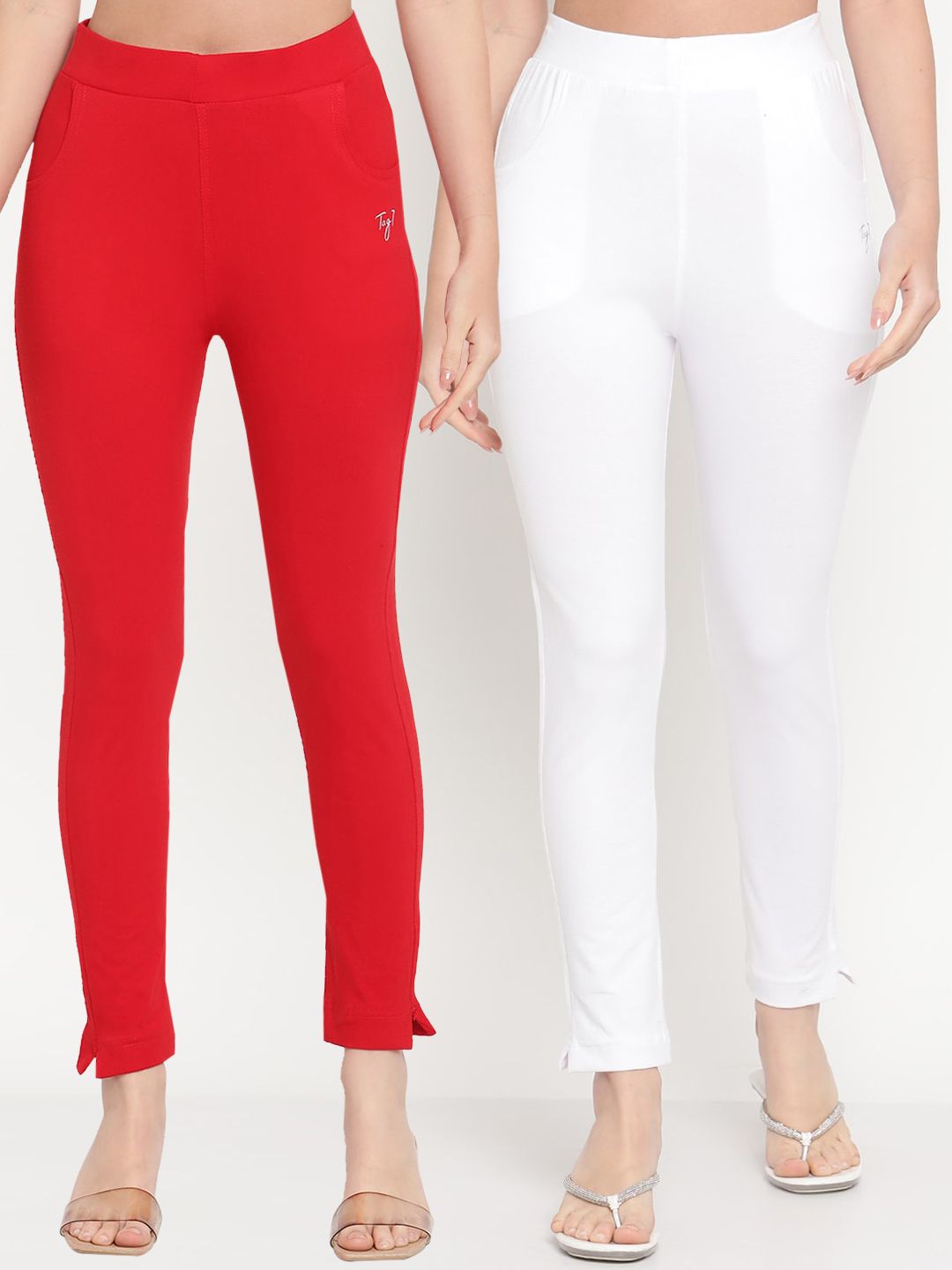 TAG 7 Women Set of 2 Red & White Ankle Length Leggings - Distacart
