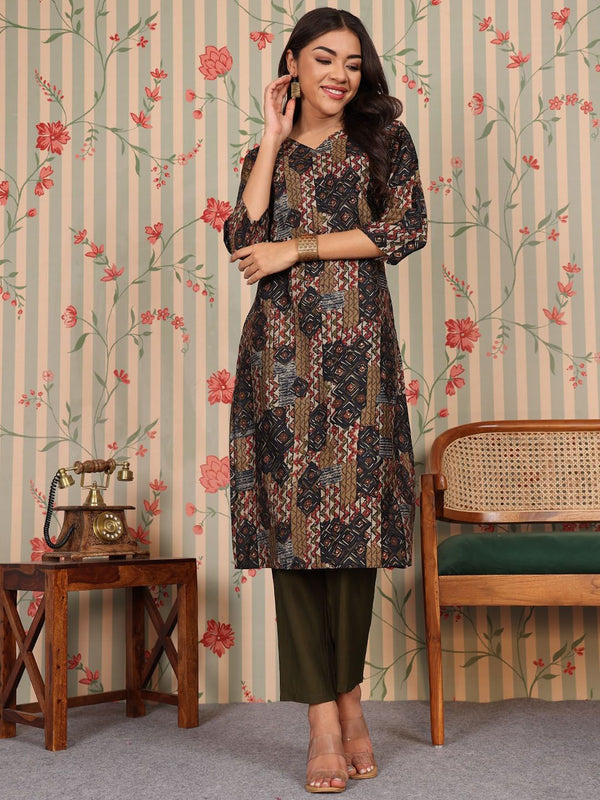 Ode by House of Pataudi V Neck Printed Regular Chanderi Silk Kurta with Trousers - Distacart