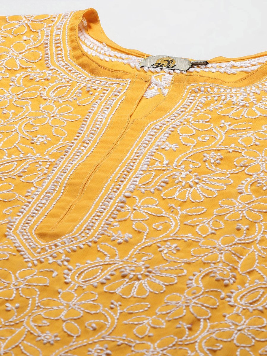 ADA Women Mustard Yellow Embroidered Regular Chikankari Handloom Kurta with Palazzos - Distacart