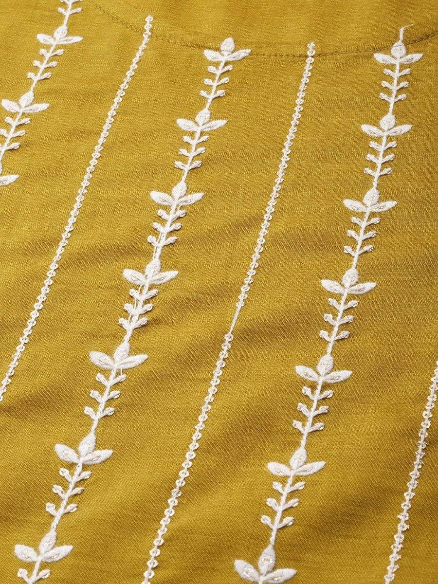 All About You Women Mustard Yellow Floral Embroidered Thread Work Kurta with Trousers - Distacart