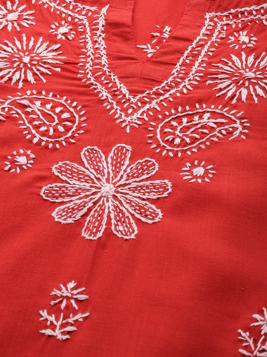 ADA Women Red & White Pure Cotton Chikankari Embroidered Handloom Kurta with Solid Trousers - Distacart