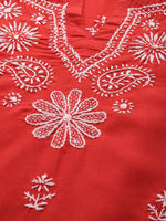 Thumbnail for ADA Women Red & White Pure Cotton Chikankari Embroidered Handloom Kurta with Solid Trousers - Distacart