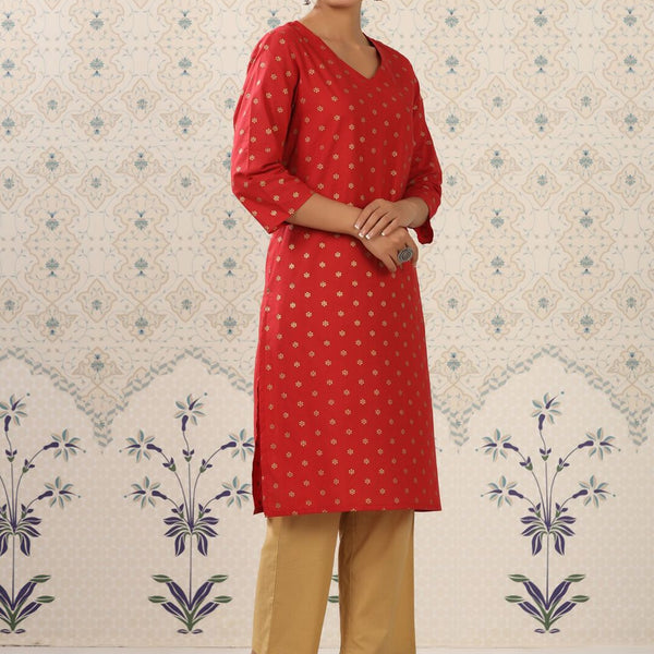 Ode by House of Pataudi Red & Beige Printed V Neck Pure Cotton Kurta With Palazzos - Distacart