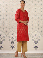 Thumbnail for Ode by House of Pataudi Red & Beige Printed V Neck Pure Cotton Kurta With Palazzos - Distacart