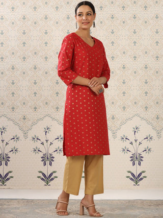Ode by House of Pataudi Red & Beige Printed V Neck Pure Cotton Kurta With Palazzos - Distacart