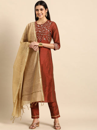 All About You Women Rust Embroidered Kurta with Trousers & Dupatta - Distacart