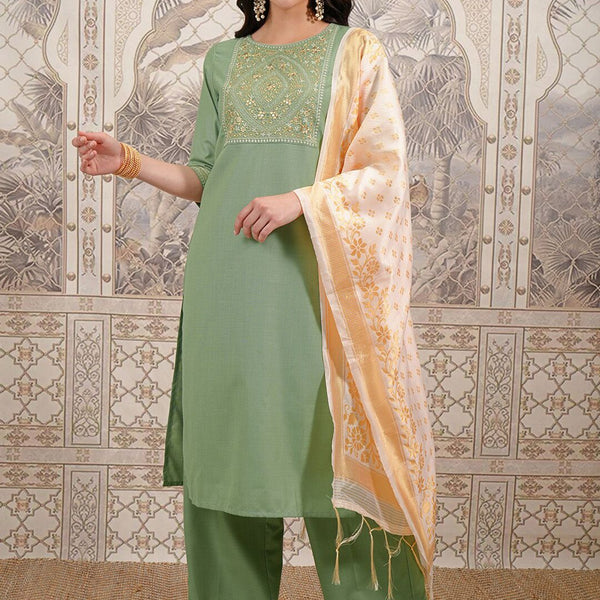 Vishudh Green Ethnic Motifs Yoke Design Thread Work Straight Kurta With Palazzos & Dupatta - Distacart
