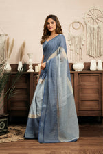 Thumbnail for Joban Fashion Cream & Blue Striped Linen Ready To Wear Saree With Unstitched Blouse - Distacart