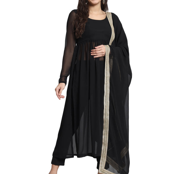 Fab Fashion Black Georgette Side Slit Set - Distacart