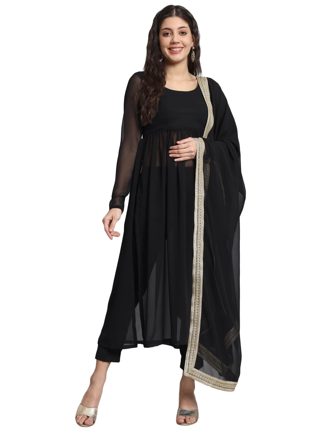 Fab Fashion Black Georgette Side Slit Set - Distacart