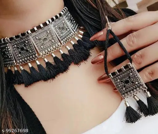 Tehzeeb Creations Women's Silver Colour Oxidised Necklace And Earrings With Black Yarn Design - Distacart