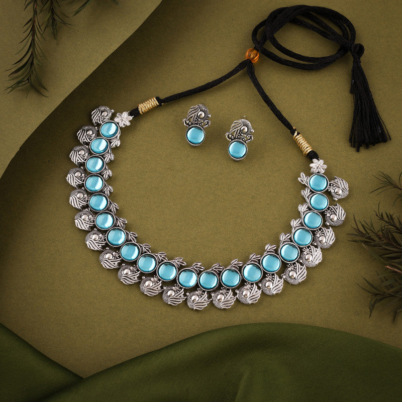 Tehzeeb Creations Silver Plated Sky Blue Colour Stone Jewellery Choker Necklace Set With Matching Pair of Stud Earrings - Distacart