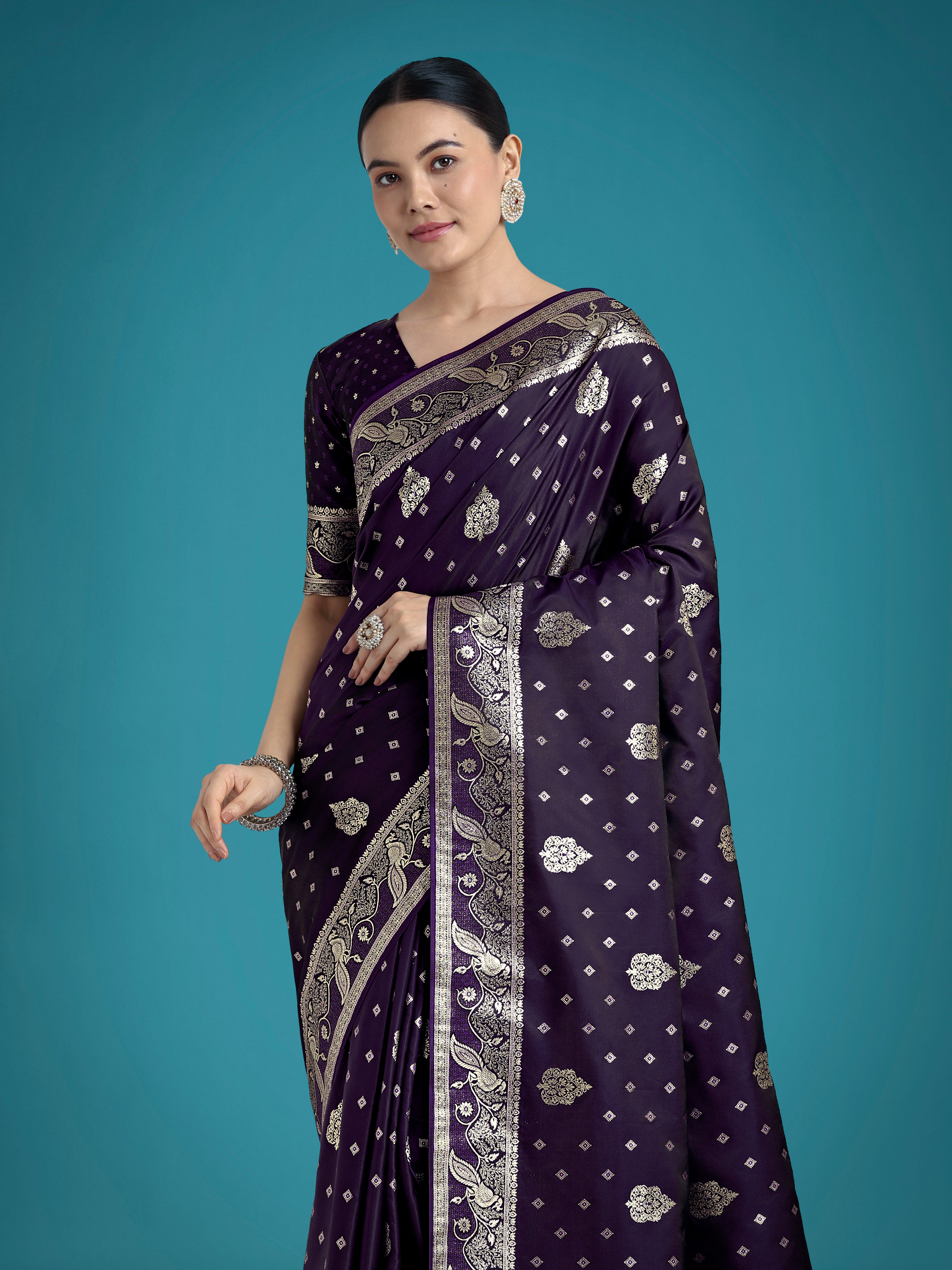 Monjolika Fashion Traditional Purple Woven Banarasi Satin Silk Saree