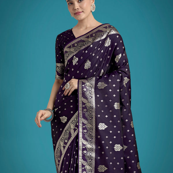 Monjolika Fashion Traditional Purple Woven Banarasi Satin Silk Saree - Distacart