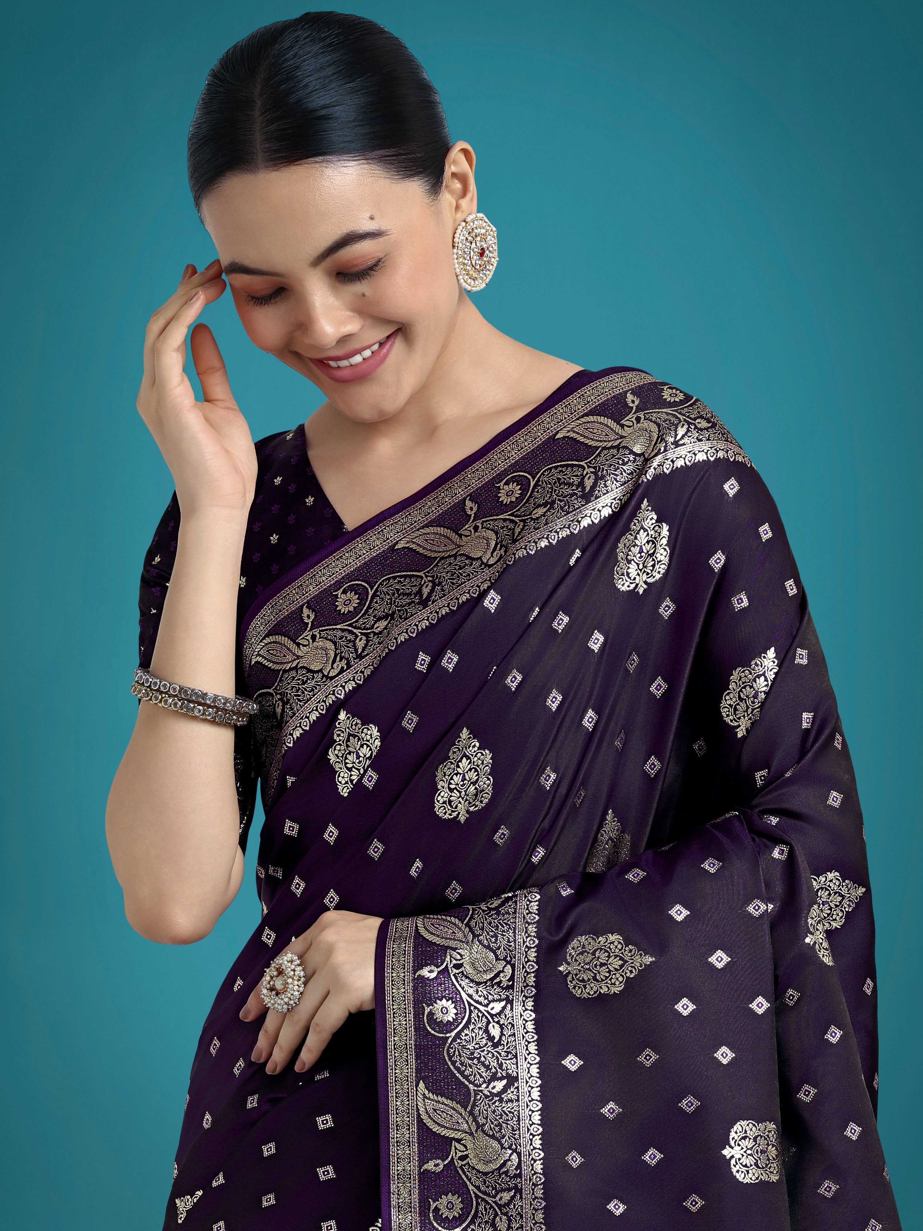 Monjolika Fashion Traditional Purple Woven Banarasi Satin Silk Saree