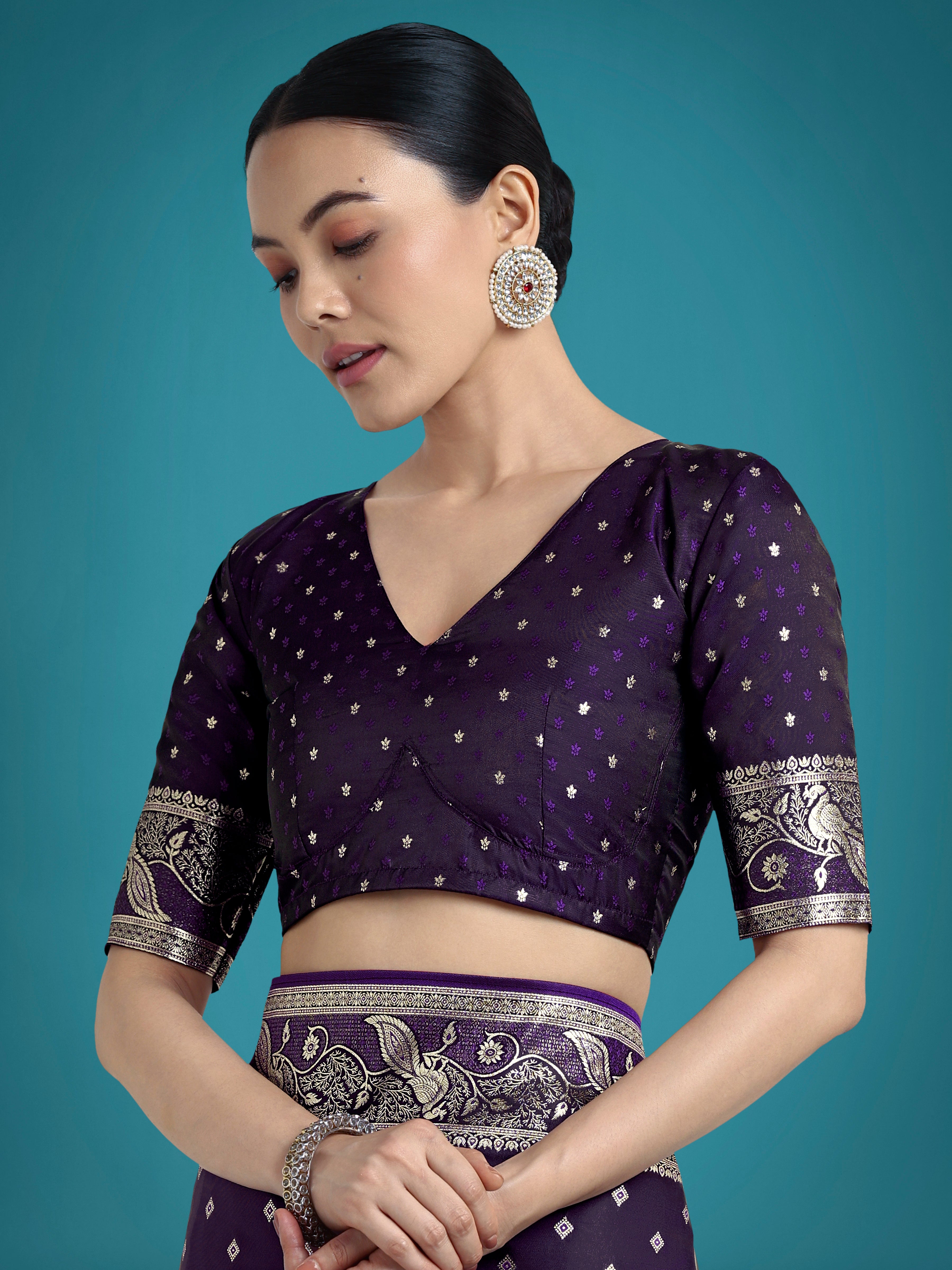 Monjolika Fashion Traditional Purple Woven Banarasi Satin Silk Saree
