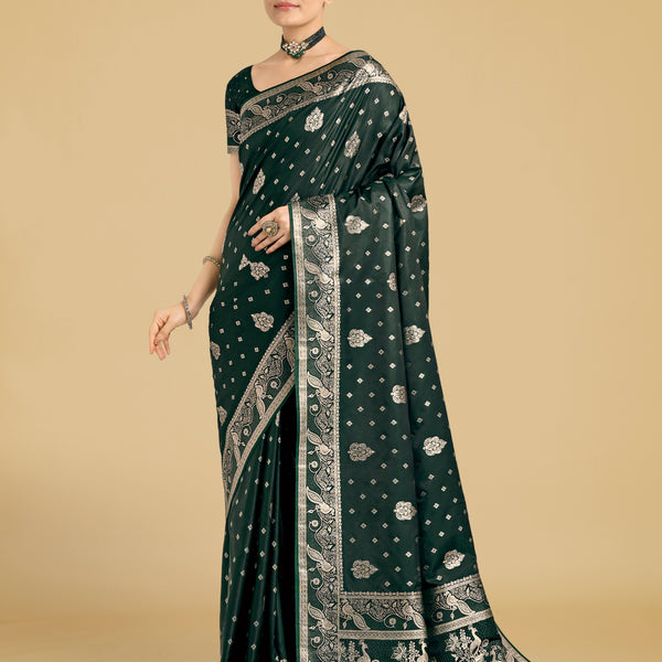 Monjolika Fashion Traditional Dark Geen Woven Banarasi Satin Silk Saree - Distacart