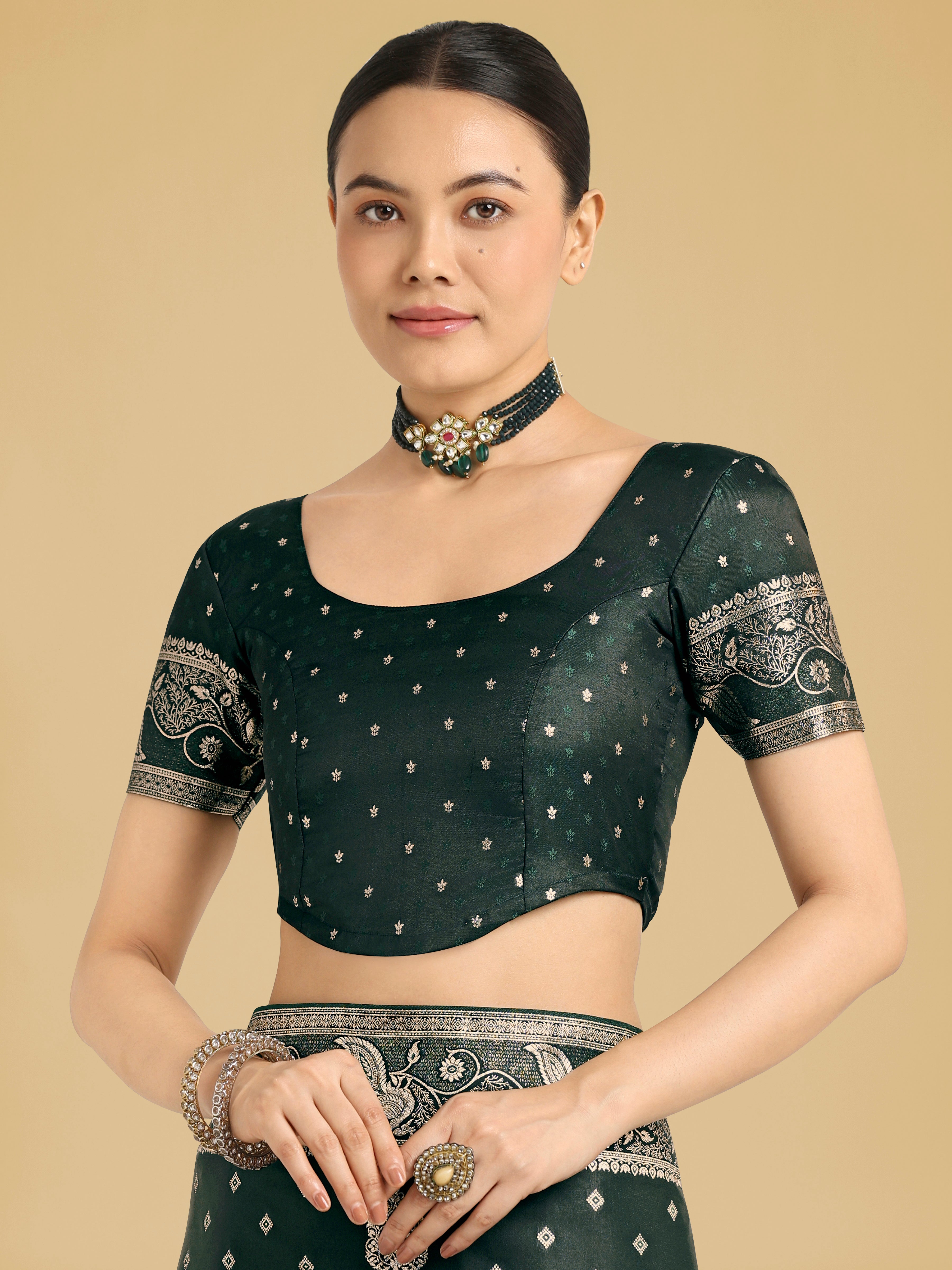 Monjolika Fashion Traditional Dark Geen Woven Banarasi Satin Silk Saree