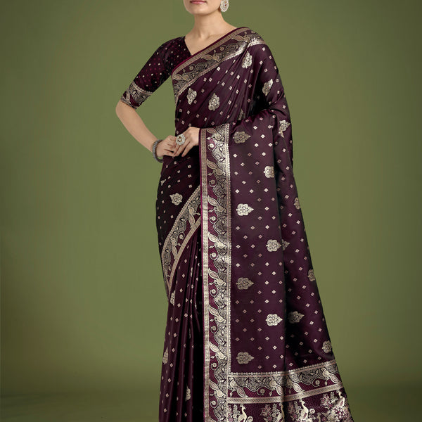 Monjolika Fashion Traditional Wine Woven Banarasi Satin Silk Saree - Distacart