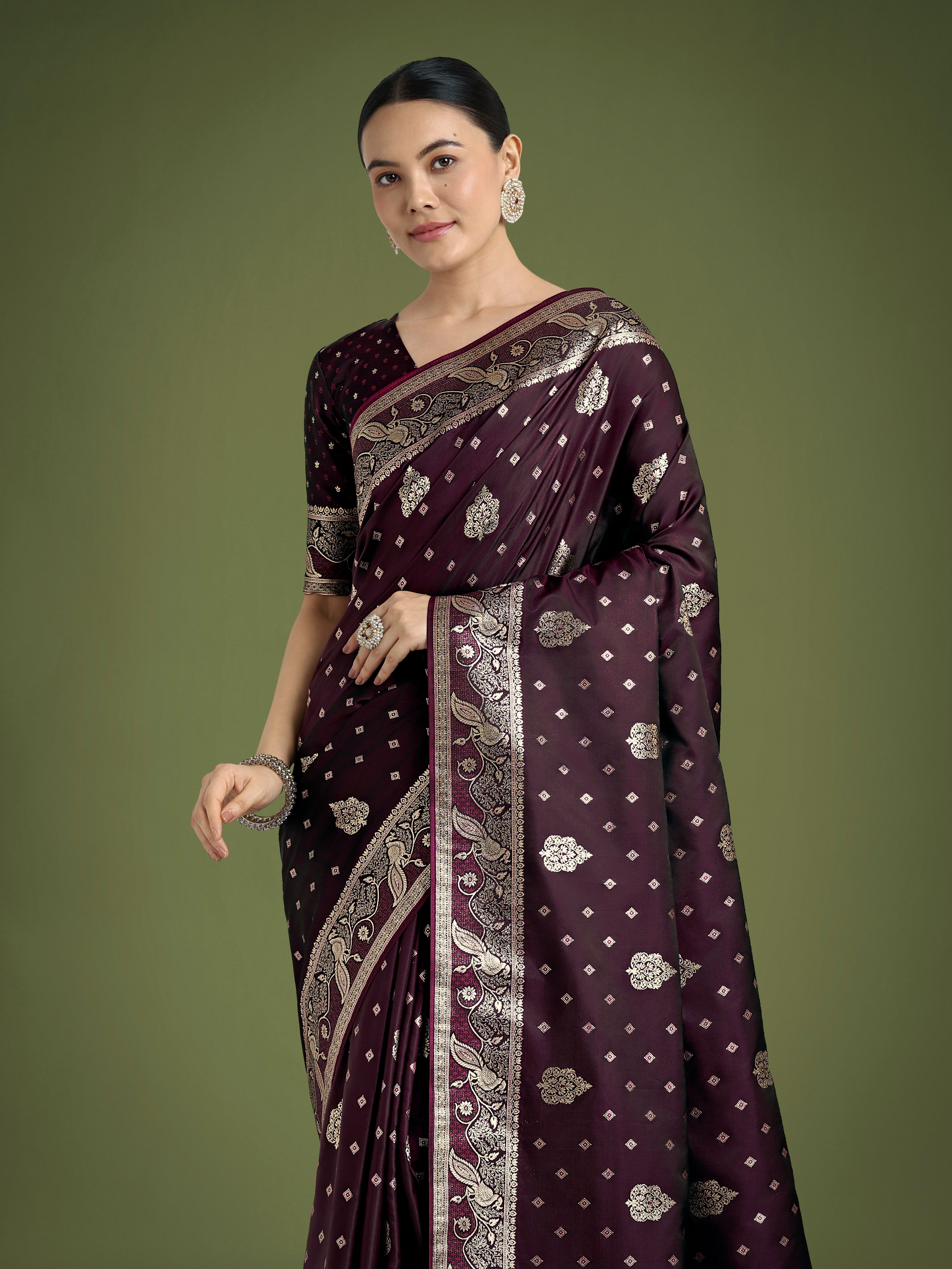 Monjolika Fashion Traditional Wine Woven Banarasi Satin Silk Saree