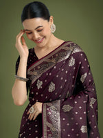 Thumbnail for Monjolika Fashion Traditional Wine Woven Banarasi Satin Silk Saree