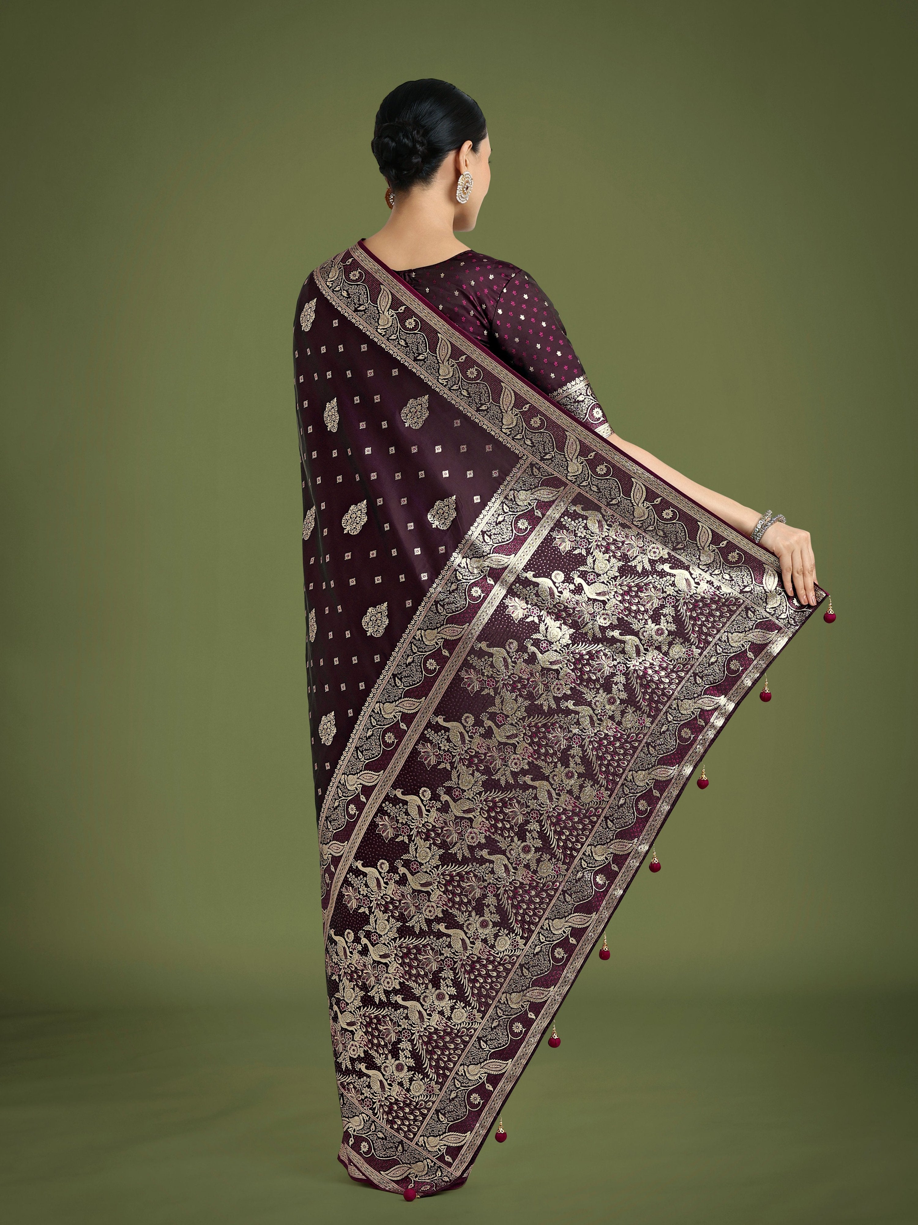 Monjolika Fashion Traditional Wine Woven Banarasi Satin Silk Saree
