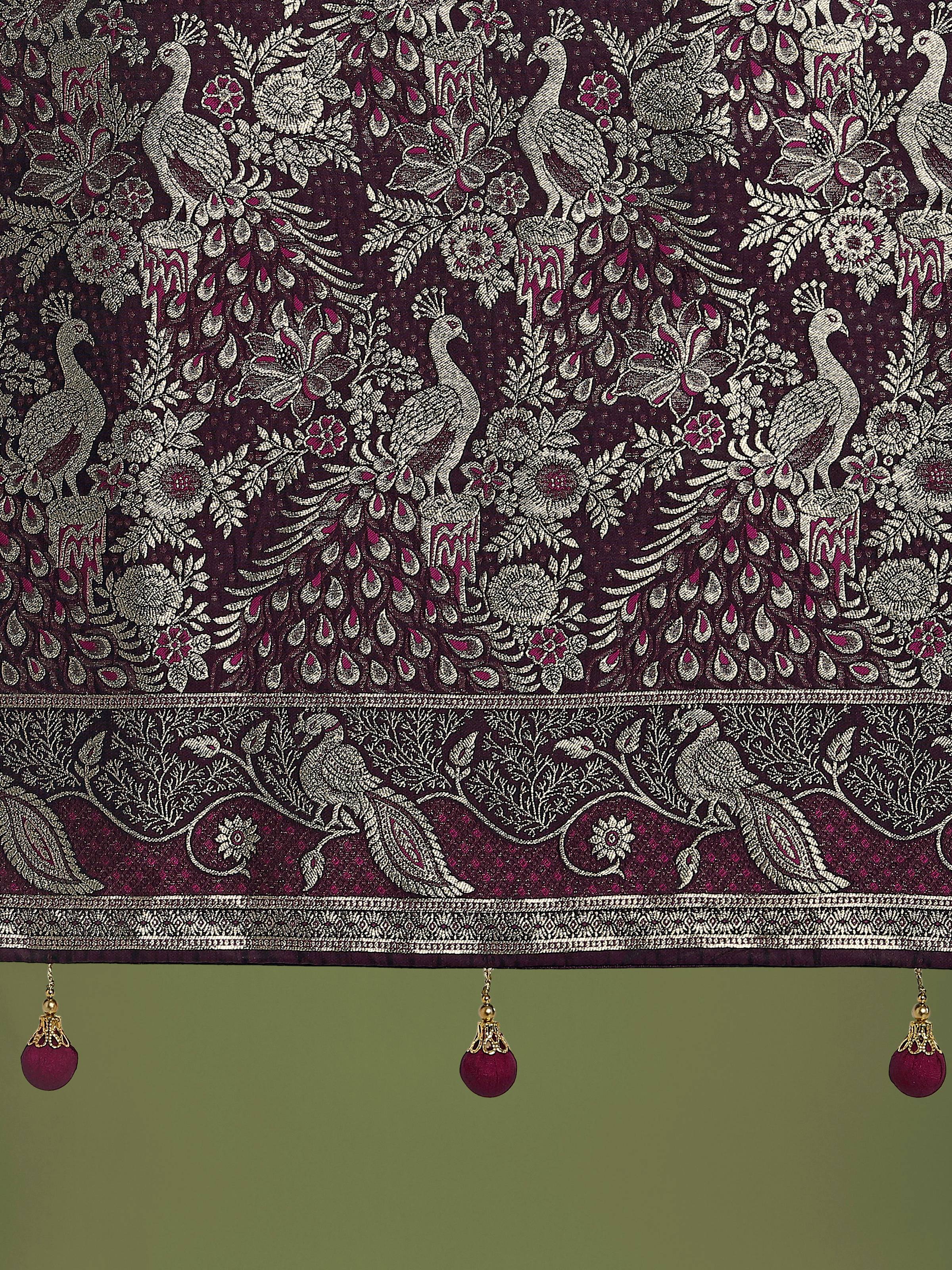 Monjolika Fashion Traditional Wine Woven Banarasi Satin Silk Saree