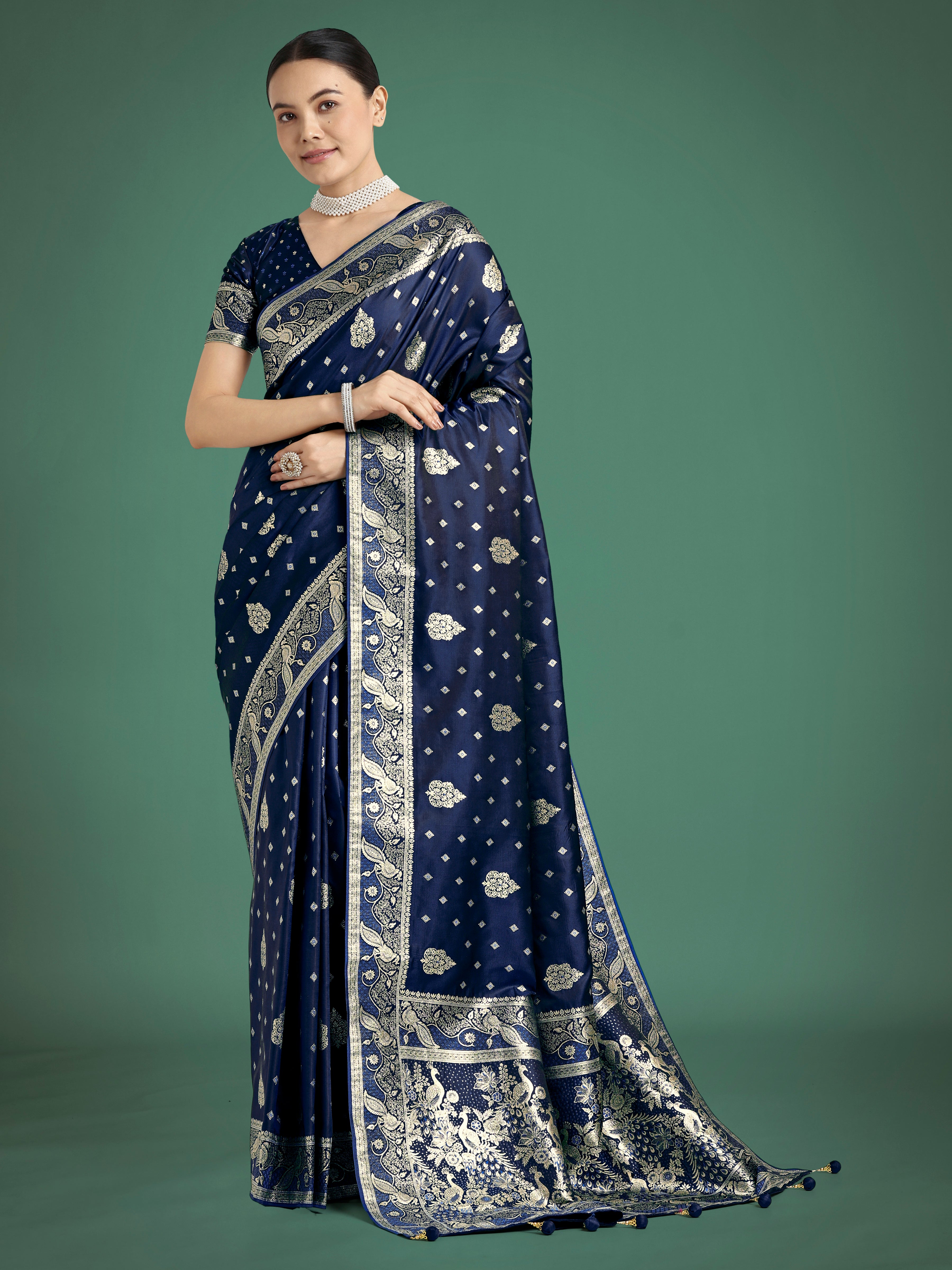 Monjolika Fashion Traditional Blue Woven Banarasi Satin Silk Saree